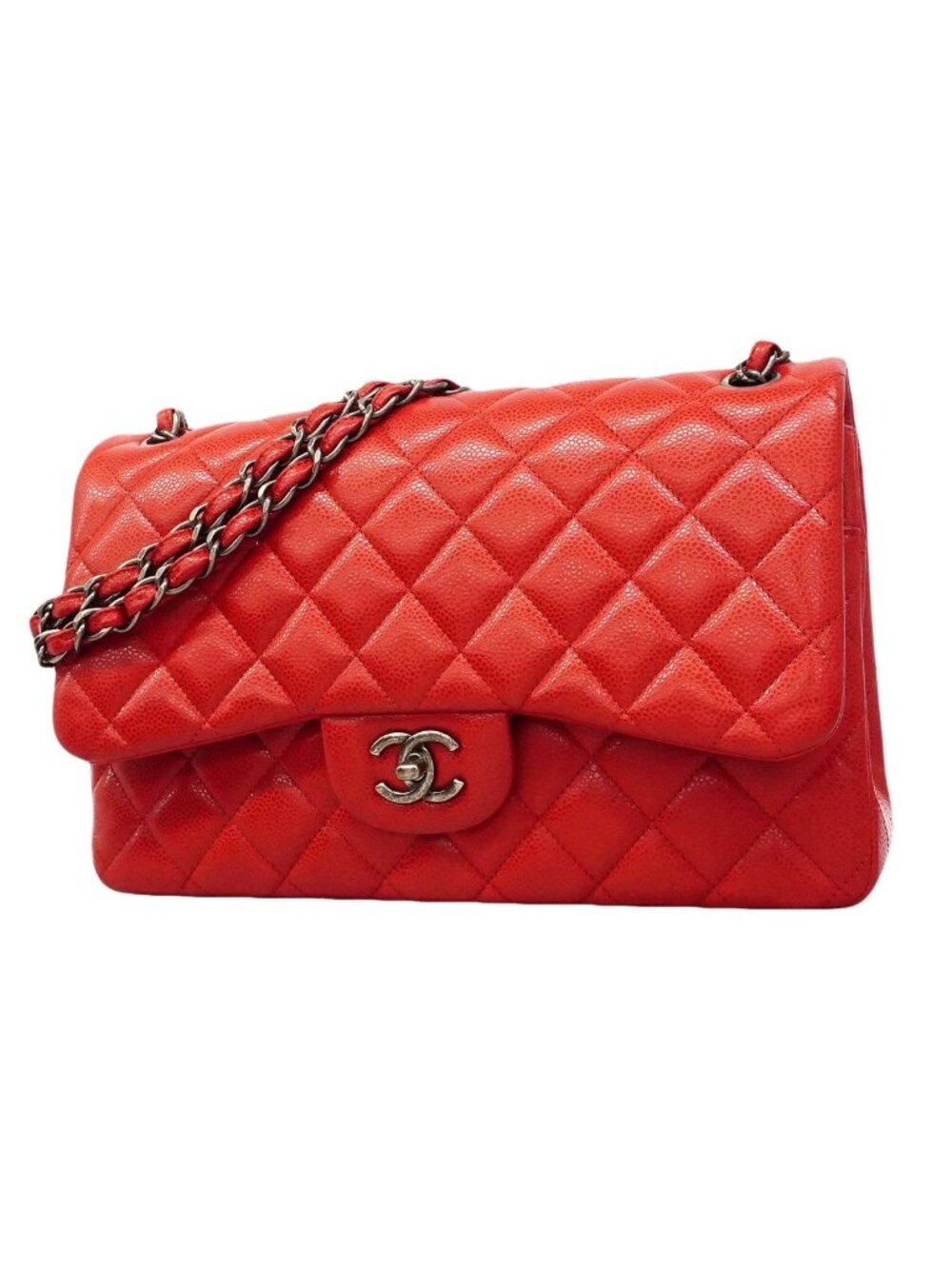Chanel Shoulder Bag Maxi Quilted Caviar Leather Red Silver